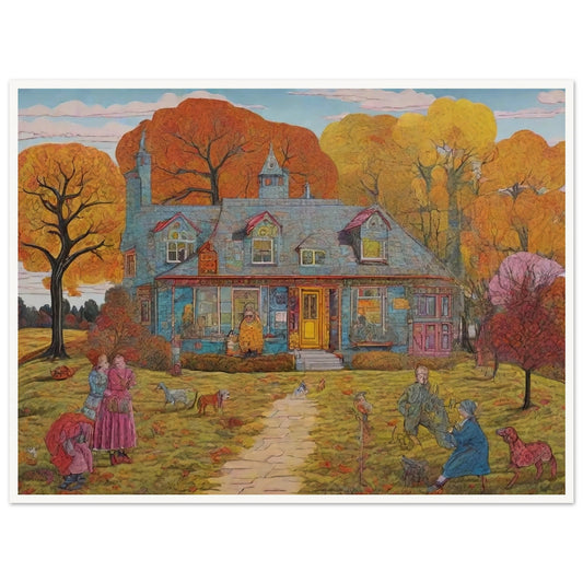 "A detailed autumn scene featuring a colorful cottage with people, pets, and trees adorned with golden leaves surrounding the home."