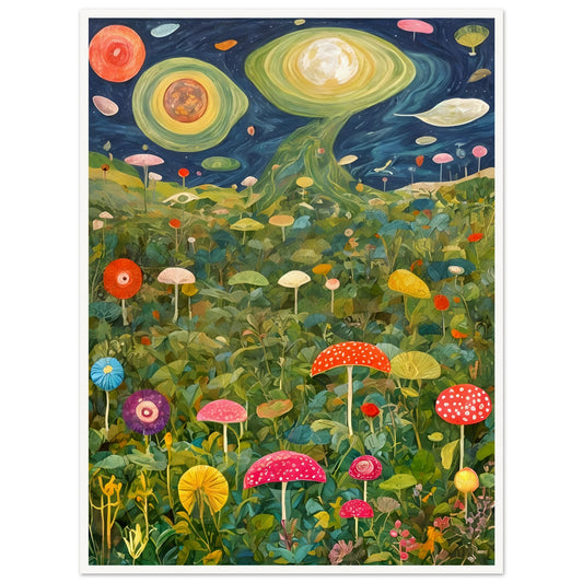 A surreal landscape of oversized mushrooms and lush greenery beneath a cosmic sky with swirling planets, glowing moons, and celestial formations.