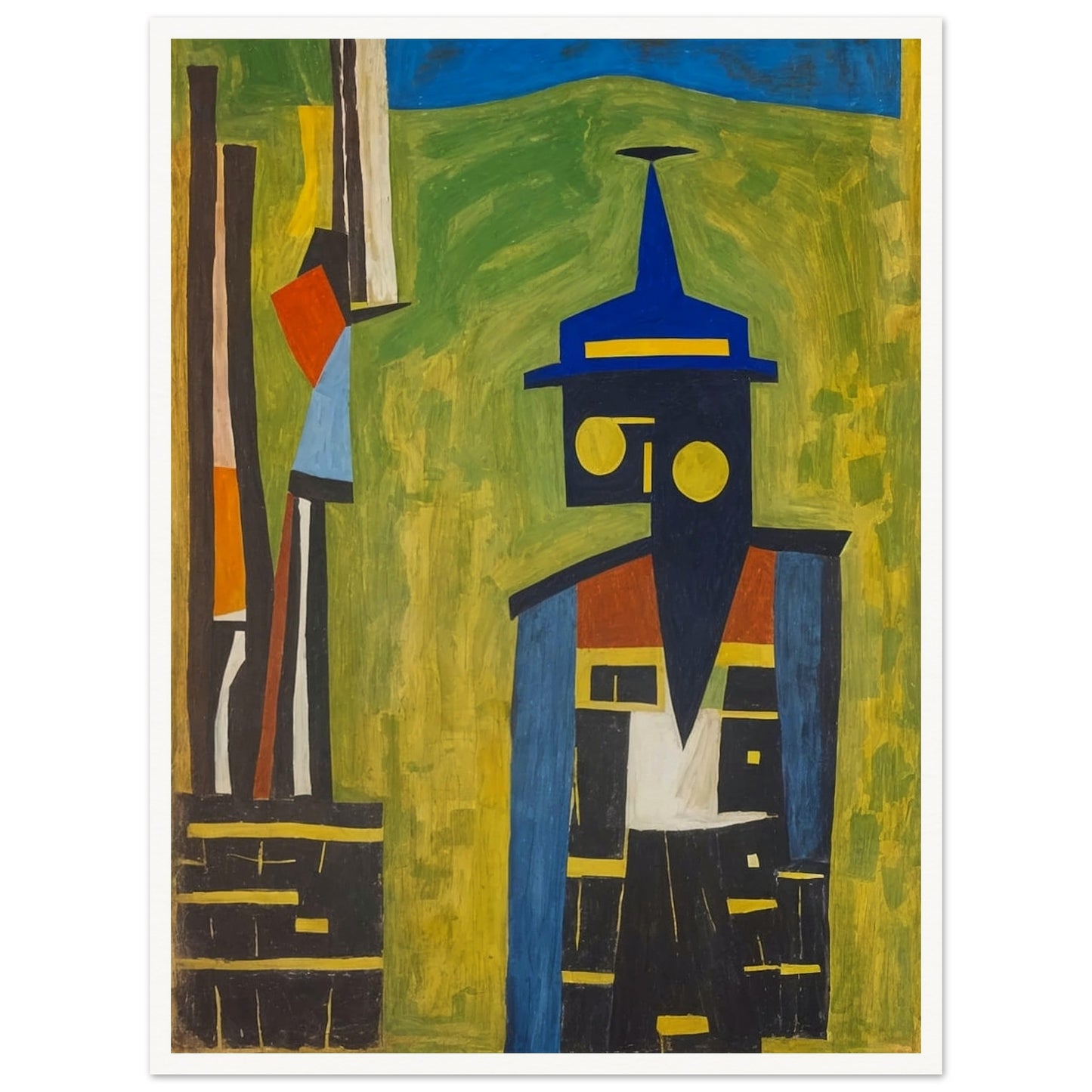 "An abstract painting featuring a geometric figure with a blue hat, composed of bold shapes and colors, set against a green and yellow background."