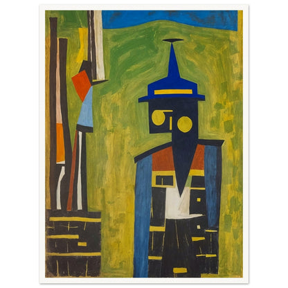 "An abstract painting featuring a geometric figure with a blue hat, composed of bold shapes and colors, set against a green and yellow background."