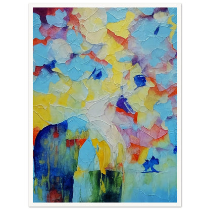 An abstract painting featuring a horse in vibrant colors with a textured, layered background. The use of bold blues, yellows, and reds creates a dynamic and whimsical scene.