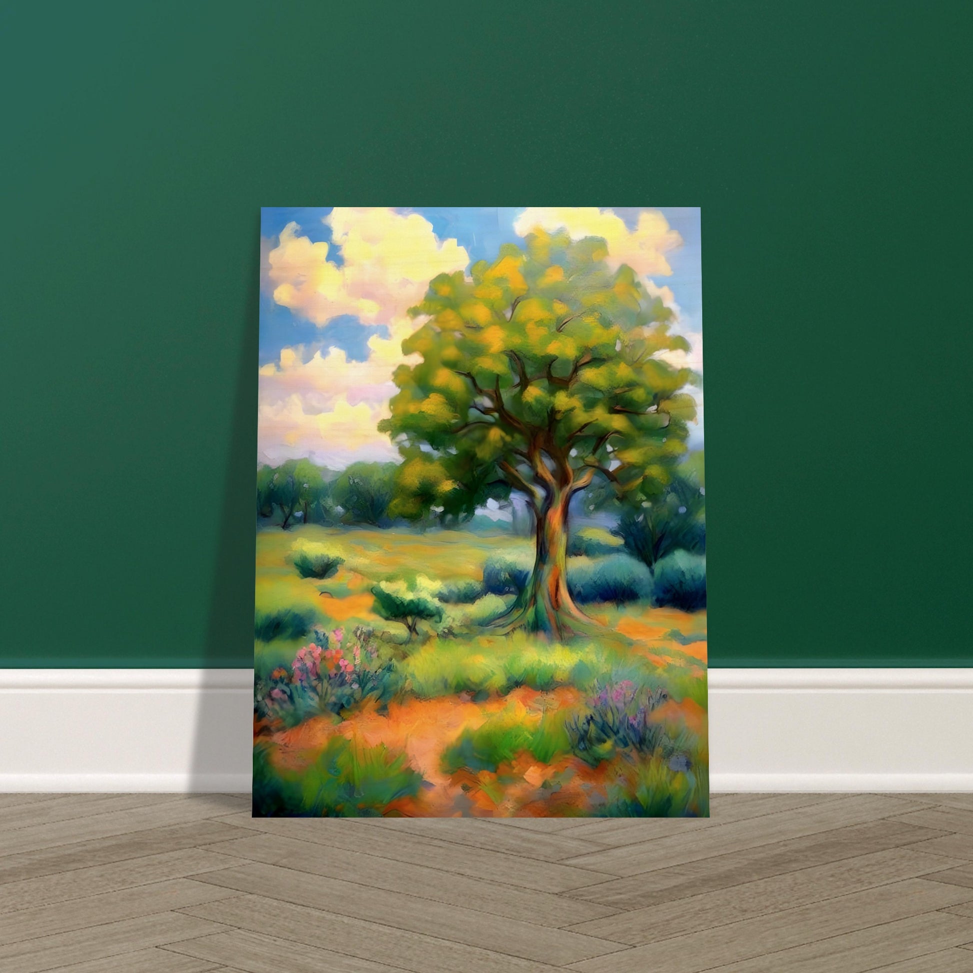 A lush, vibrant landscape featuring a majestic tree with golden-green leaves standing in a sunlit meadow, surrounded by wildflowers and rolling hills under a bright sky.