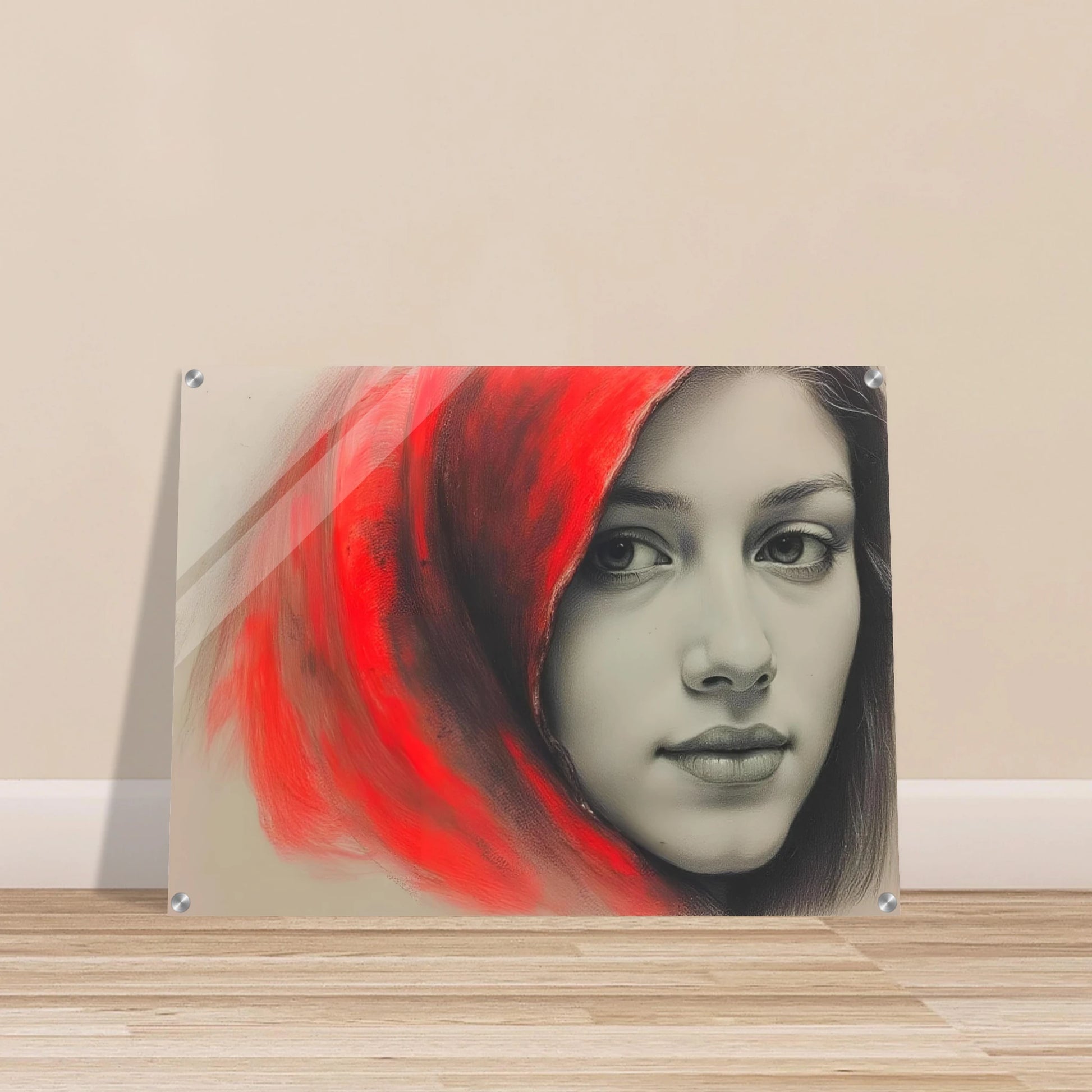 A soft portrait of a young woman draped in a vivid red hood, her calm gaze contrasting with the fiery energy surrounding her.