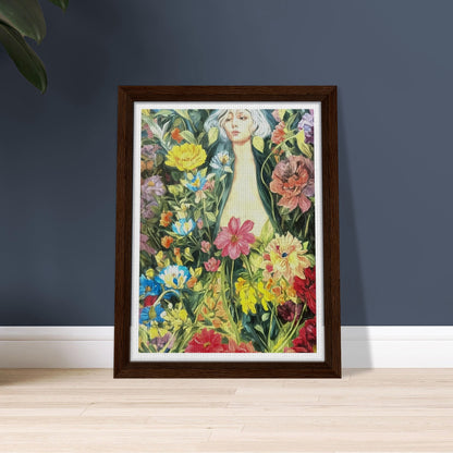 A serene figure surrounded by a lush garden of vibrant, blooming flowers, blending into the foliage with shades of pink, yellow, blue, and green.