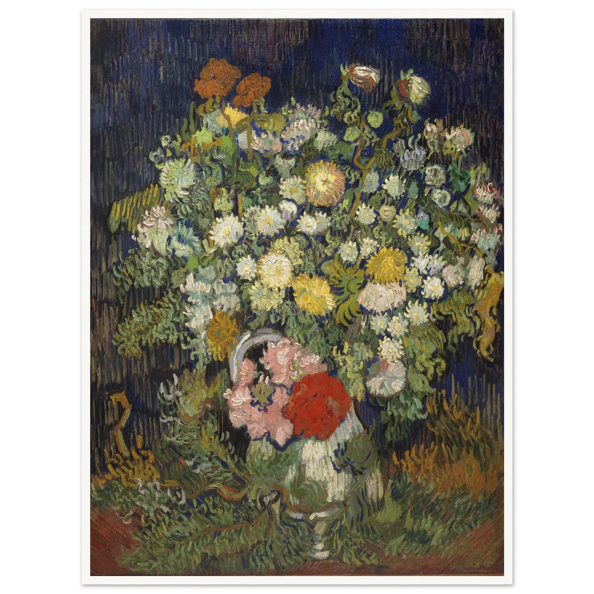 A lush bouquet of white, yellow, pink, and red flowers rises from a vase against a dark blue background.