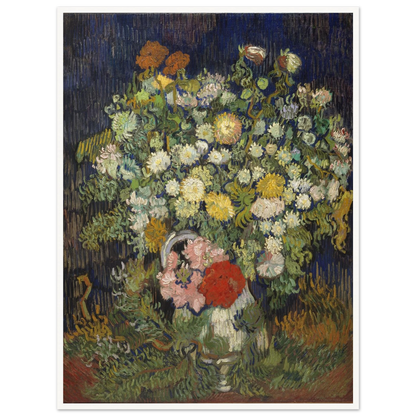 A lush bouquet of white, yellow, pink, and red flowers rises from a vase against a dark blue background.