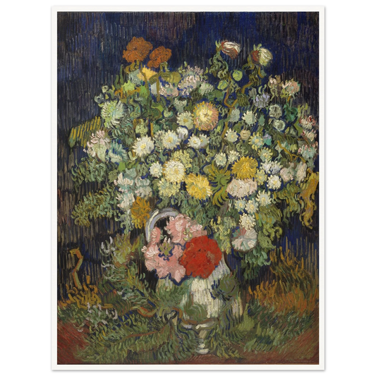 A lush bouquet of white, yellow, pink, and red flowers rises from a vase against a dark blue background.