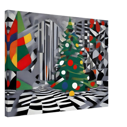 An abstract holiday scene featuring geometric Christmas trees with vibrant ornaments, set against a monochromatic patterned background.