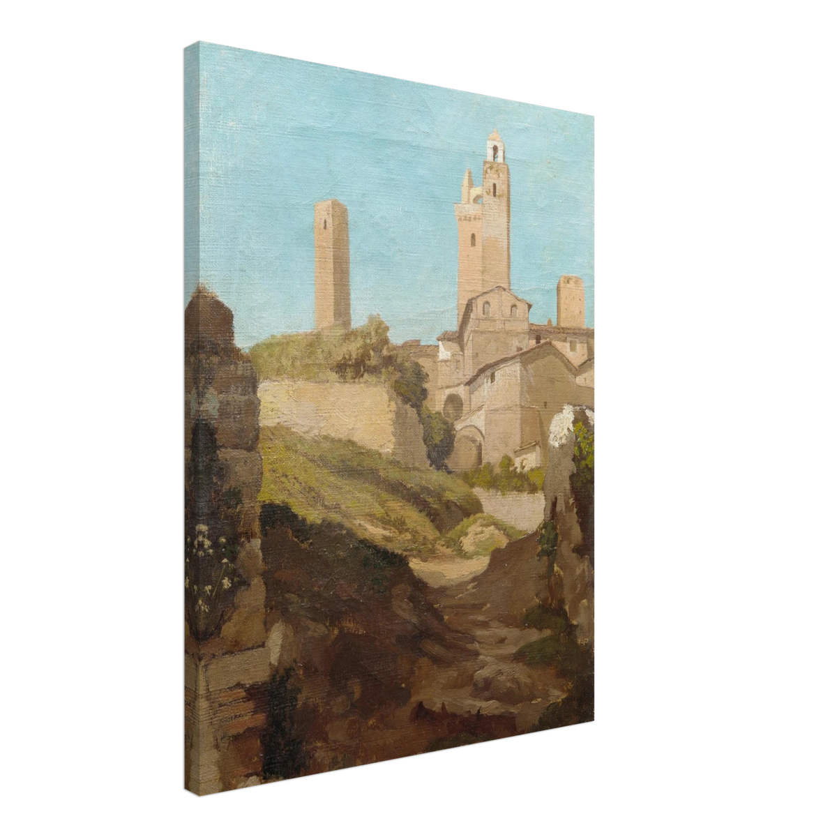 Medieval towers rise above San Gimignano’s sunlit hill town and rough path under a pale blue sky.