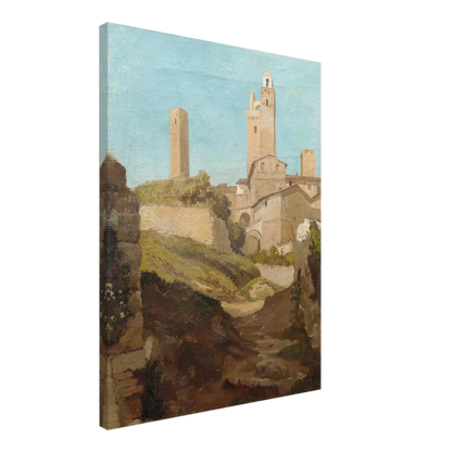 Medieval towers rise above San Gimignano’s sunlit hill town and rough path under a pale blue sky.