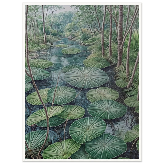 A serene painting of a lush green pond filled with large lotus leaves, surrounded by tall trees and dense foliage.