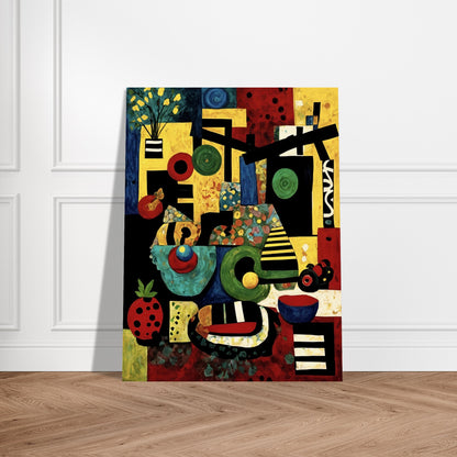 A vibrant cubist-style painting featuring geometric shapes, colorful fruit, abstract objects, and bold patterns in red, yellow, green, and blue.