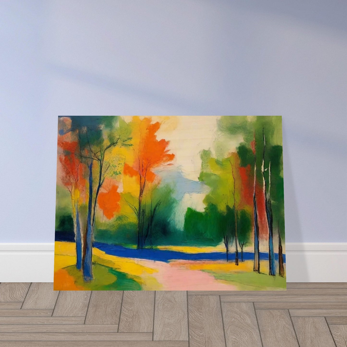 A colorful abstract painting of an autumn landscape, featuring vibrant orange, yellow, green, and blue hues. Trees with slender trunks are scattered throughout the scene, and a winding path leads through the colorful foliage.