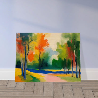 A colorful abstract painting of an autumn landscape, featuring vibrant orange, yellow, green, and blue hues. Trees with slender trunks are scattered throughout the scene, and a winding path leads through the colorful foliage.