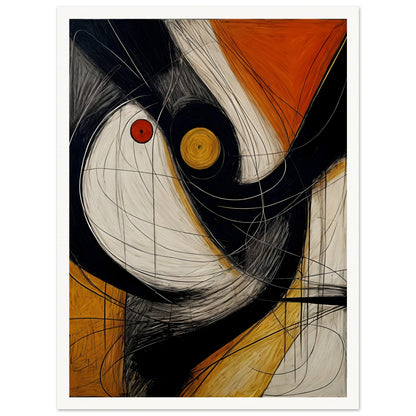 An abstract artwork featuring bold black, white, and orange shapes with dynamic, swirling lines and circular accents in red and yellow.