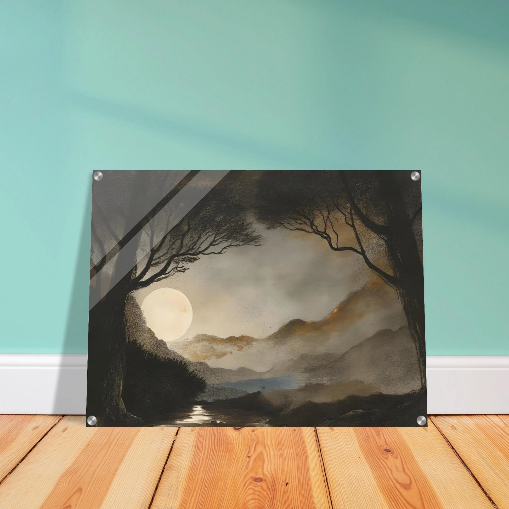 A dreamy night scene of a full moon casting light over misty mountains, dark trees, and a reflective stream.