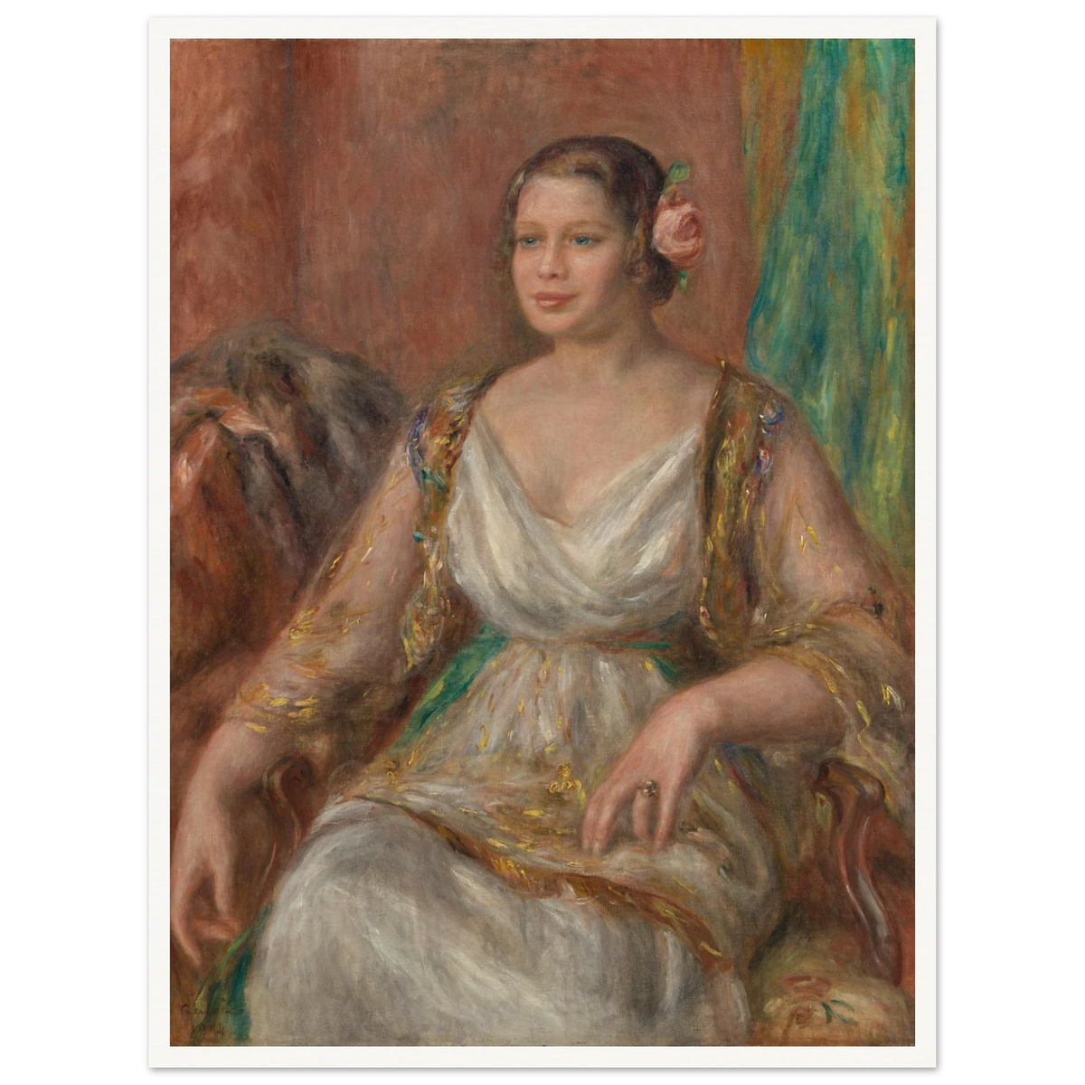 A seated woman in a soft white dress with a pink rose in her hair rests against a warm interior.
