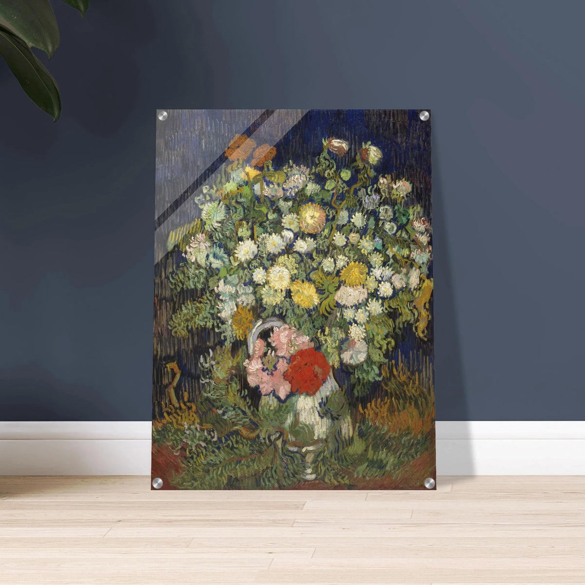 A lush bouquet of white, yellow, pink, and red flowers rises from a vase against a dark blue background.