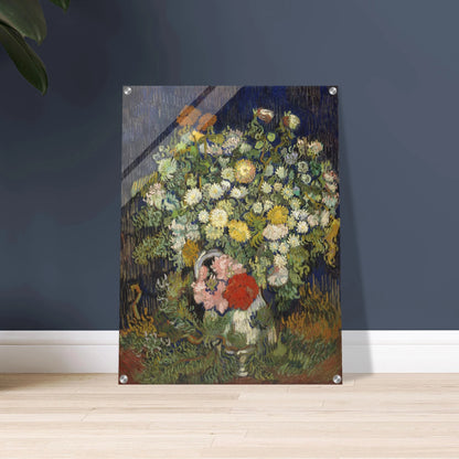 A lush bouquet of white, yellow, pink, and red flowers rises from a vase against a dark blue background.