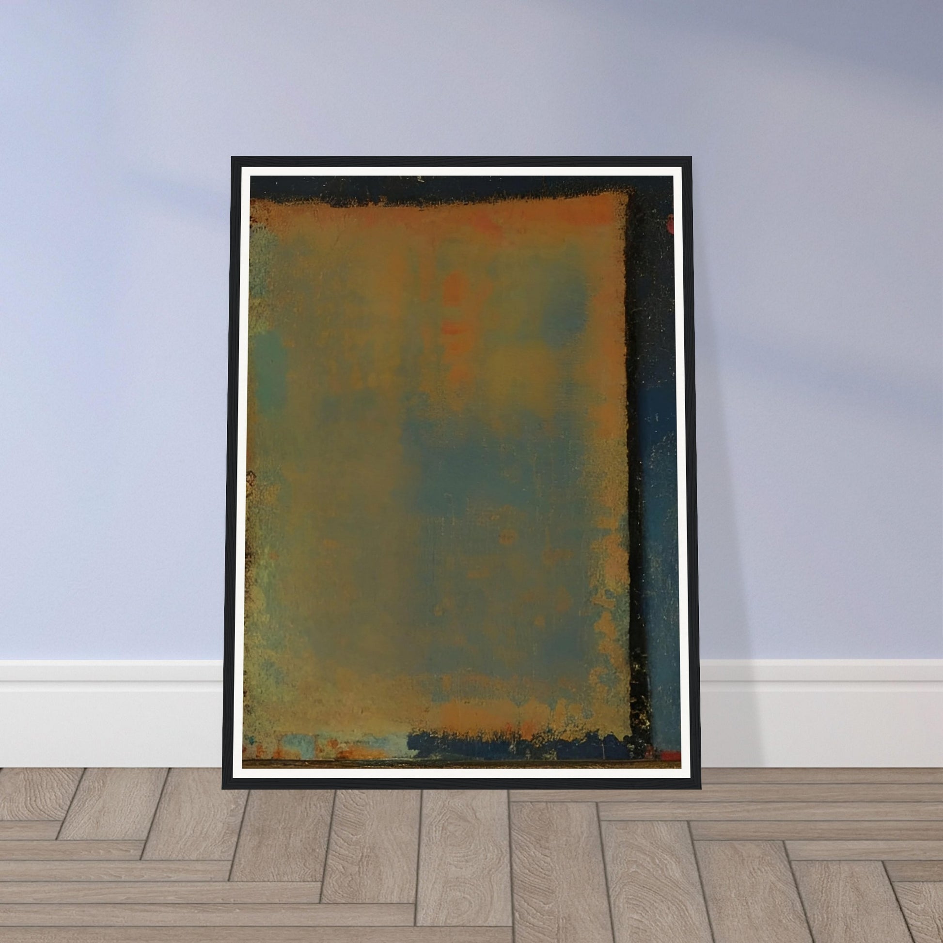 A serene abstract painting with shades of blue, orange, and yellow blending softly together in a rectangular form.