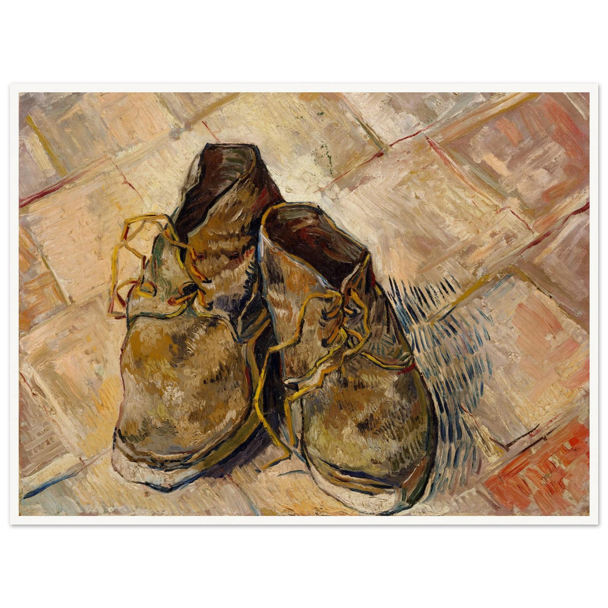 A pair of worn brown shoes with yellow laces rests on a pale tiled floor.