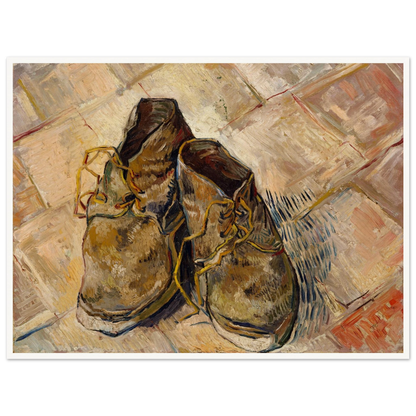 A pair of worn brown shoes with yellow laces rests on a pale tiled floor.