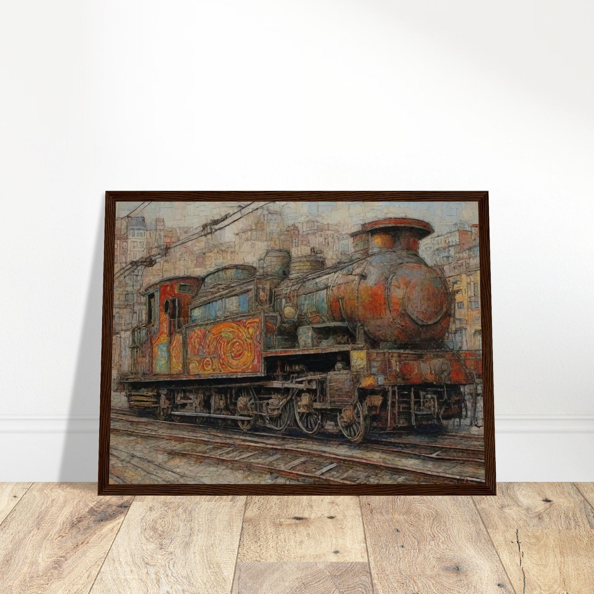 "A detailed painting of a colorful, weathered steam locomotive in an urban setting, showcasing intricate patterns and a sense of nostalgia for vintage travel."