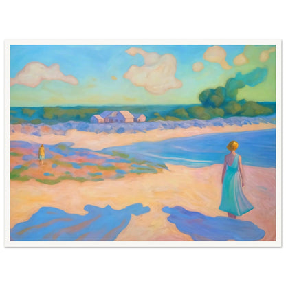 A serene coastal scene with a woman in a flowing dress walking along the beach, pastel hues creating a peaceful atmosphere.