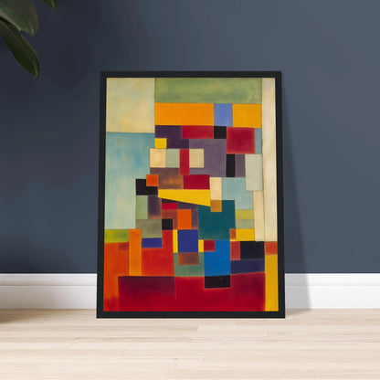 A vivid mosaic of geometric color blocks in red, blue, yellow, and green, forming a modern, rhythmic visual balance.