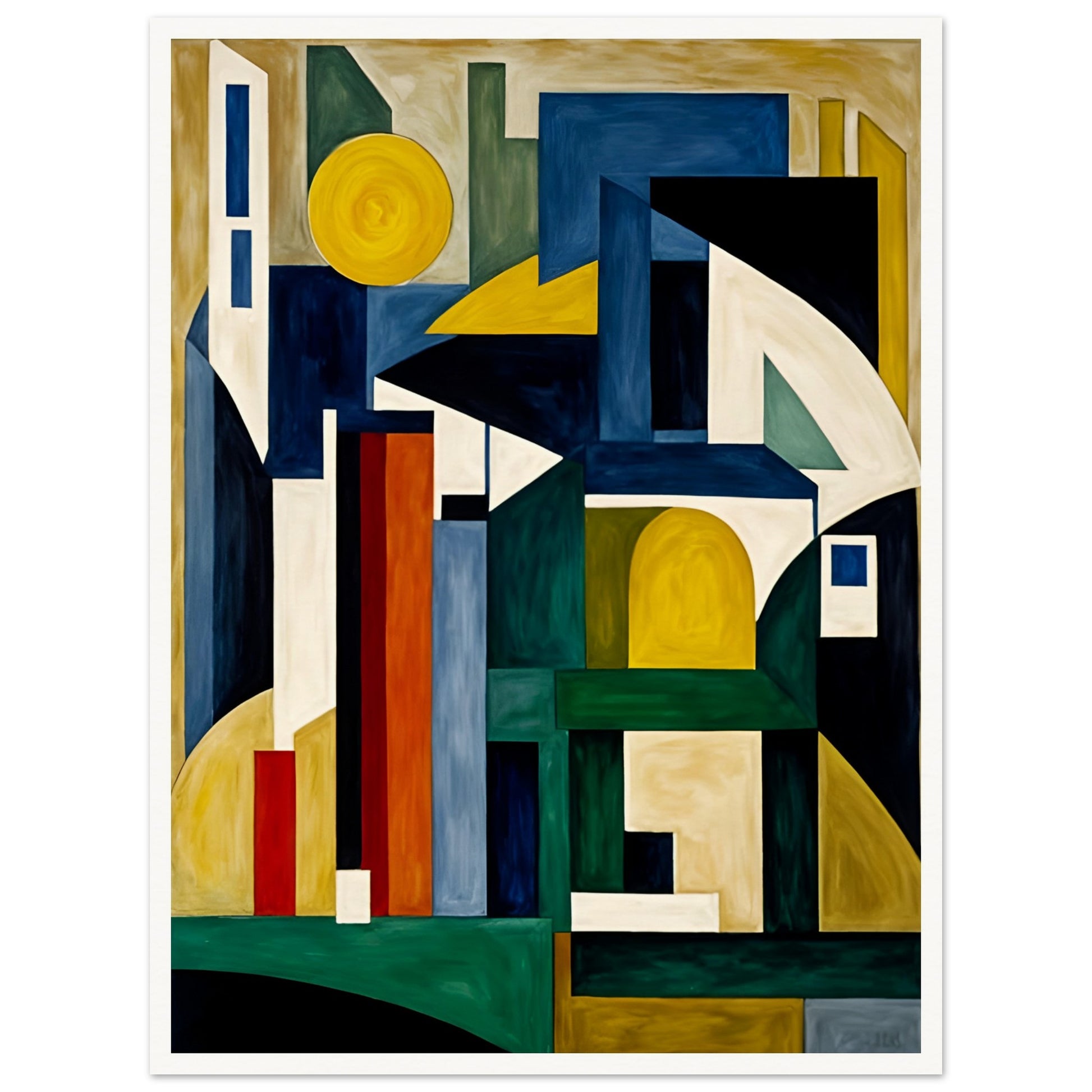 A bold geometric painting with angular shapes in deep greens, blues, yellows, and whites, resembling an abstract cityscape or architectural forms.