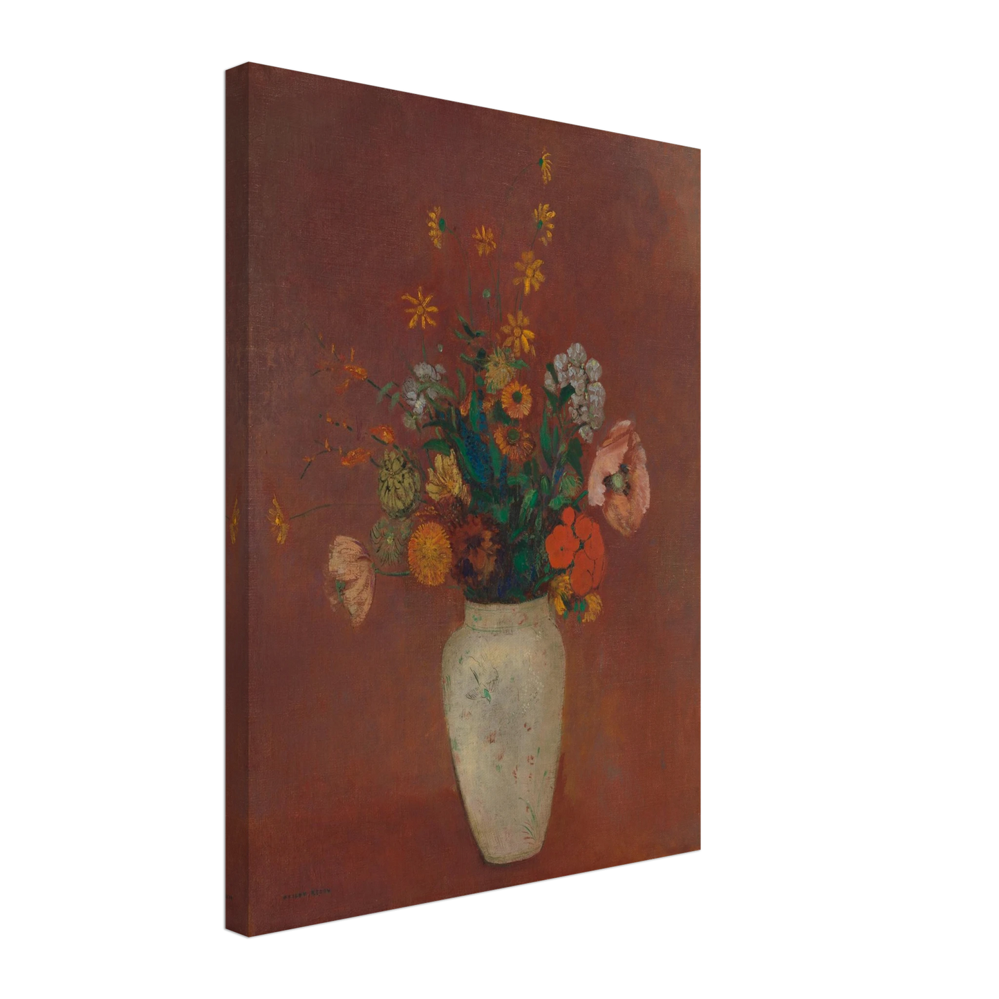 Flowers in a white vase against a red background with yellow and orange blooms