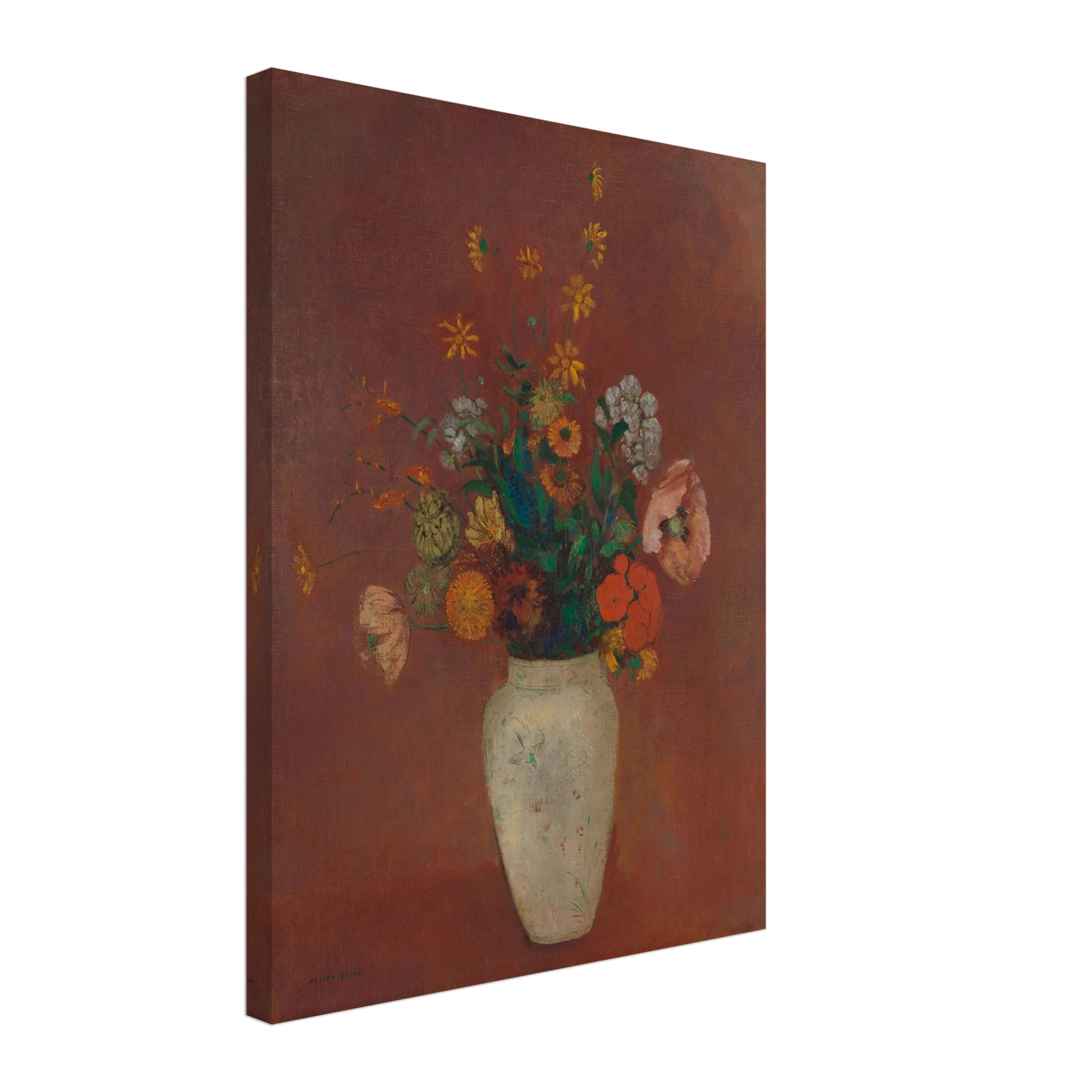 Flowers in a white vase against a red background with yellow and orange blooms