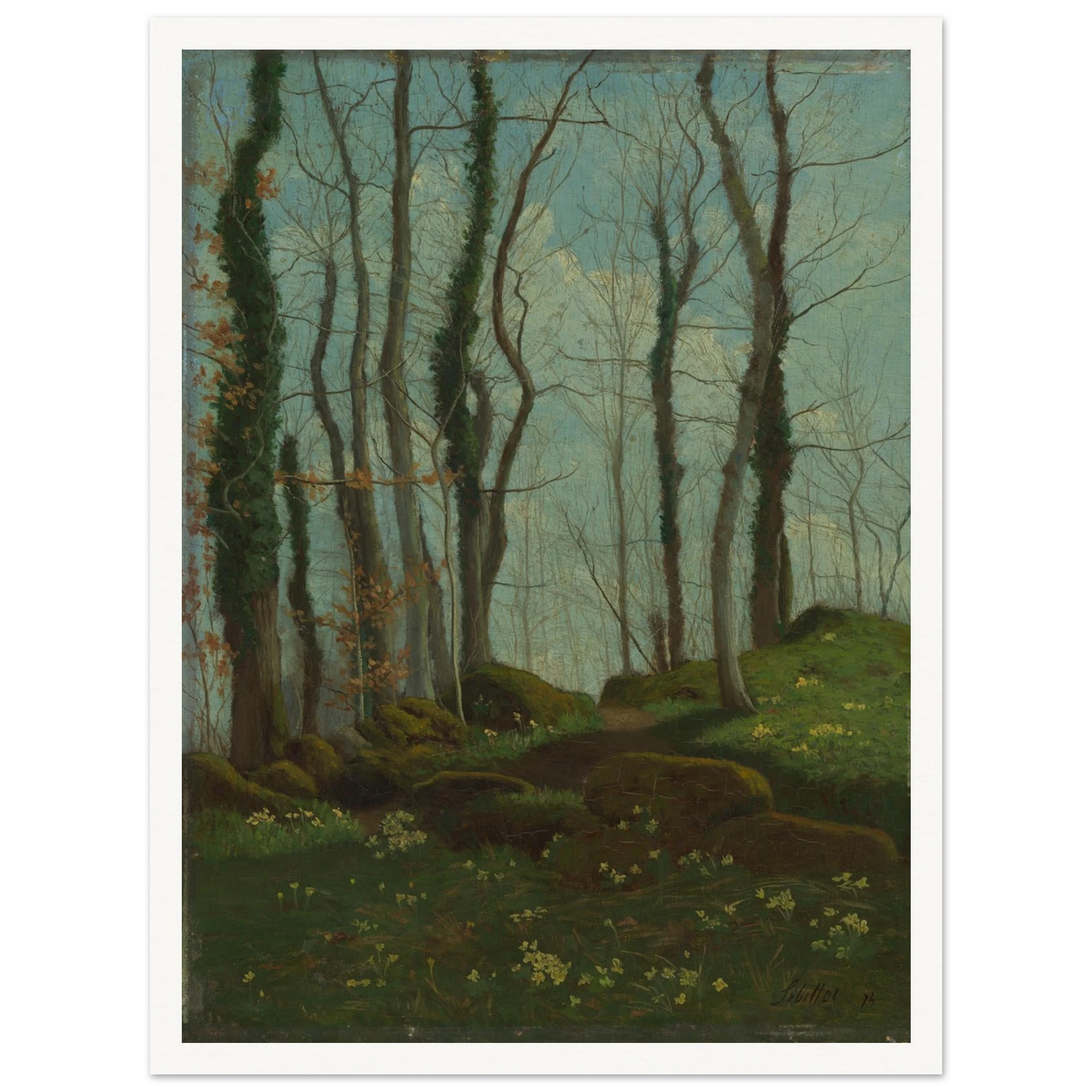 A quiet woodland lane winds through tall trees, mossy rocks, and small flowers under a blue-green sky.