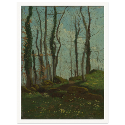 A quiet woodland lane winds through tall trees, mossy rocks, and small flowers under a blue-green sky.