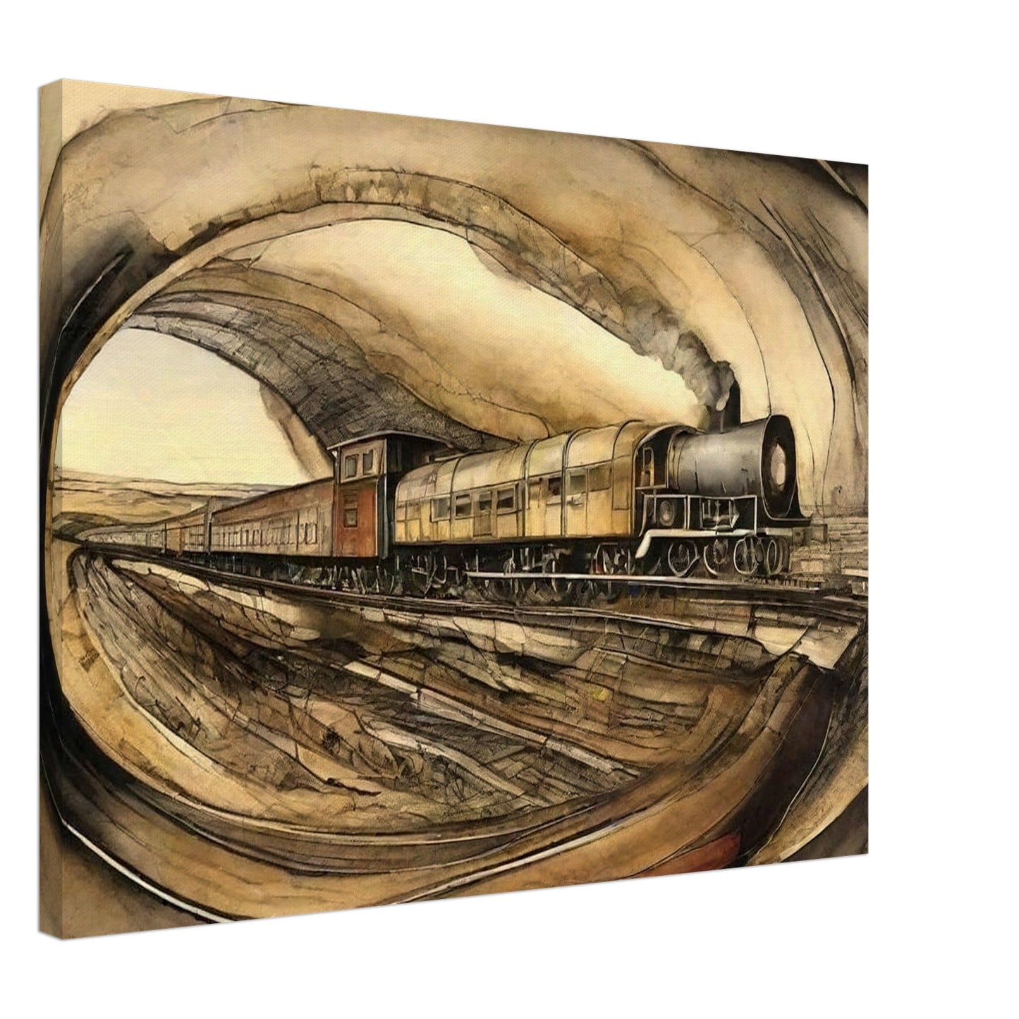 "A detailed painting of a steam engine train traveling through a tunnel, with a sepia-toned landscape surrounding the scene, evoking a sense of vintage travel."