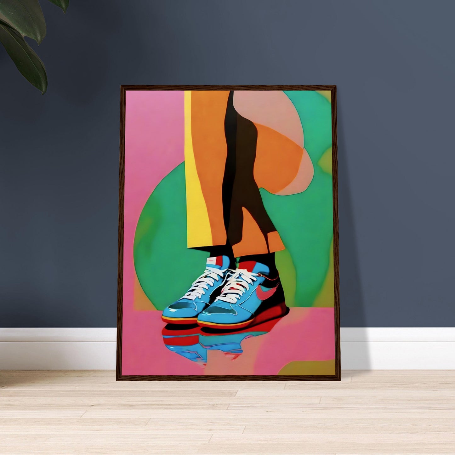 A modern artwork showcasing vibrant legs in bold-colored pants and blue sneakers, set against a bright pink and green abstract background.