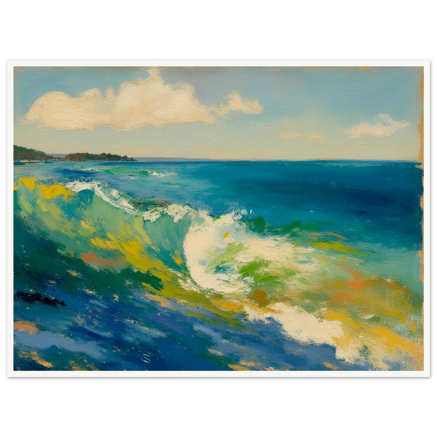 A rolling turquoise wave curls beneath soft clouds, with sunlight dancing across vibrant coastal waters.