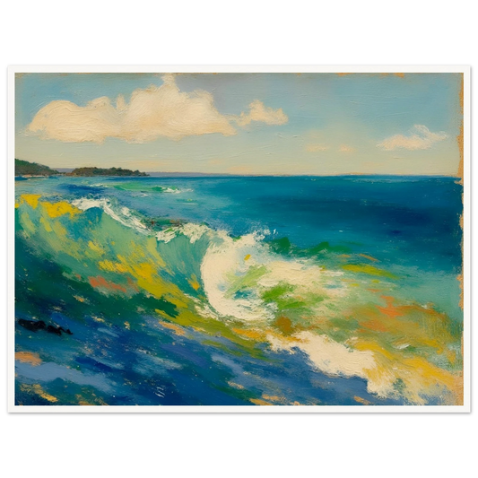 A rolling turquoise wave curls beneath soft clouds, with sunlight dancing across vibrant coastal waters.