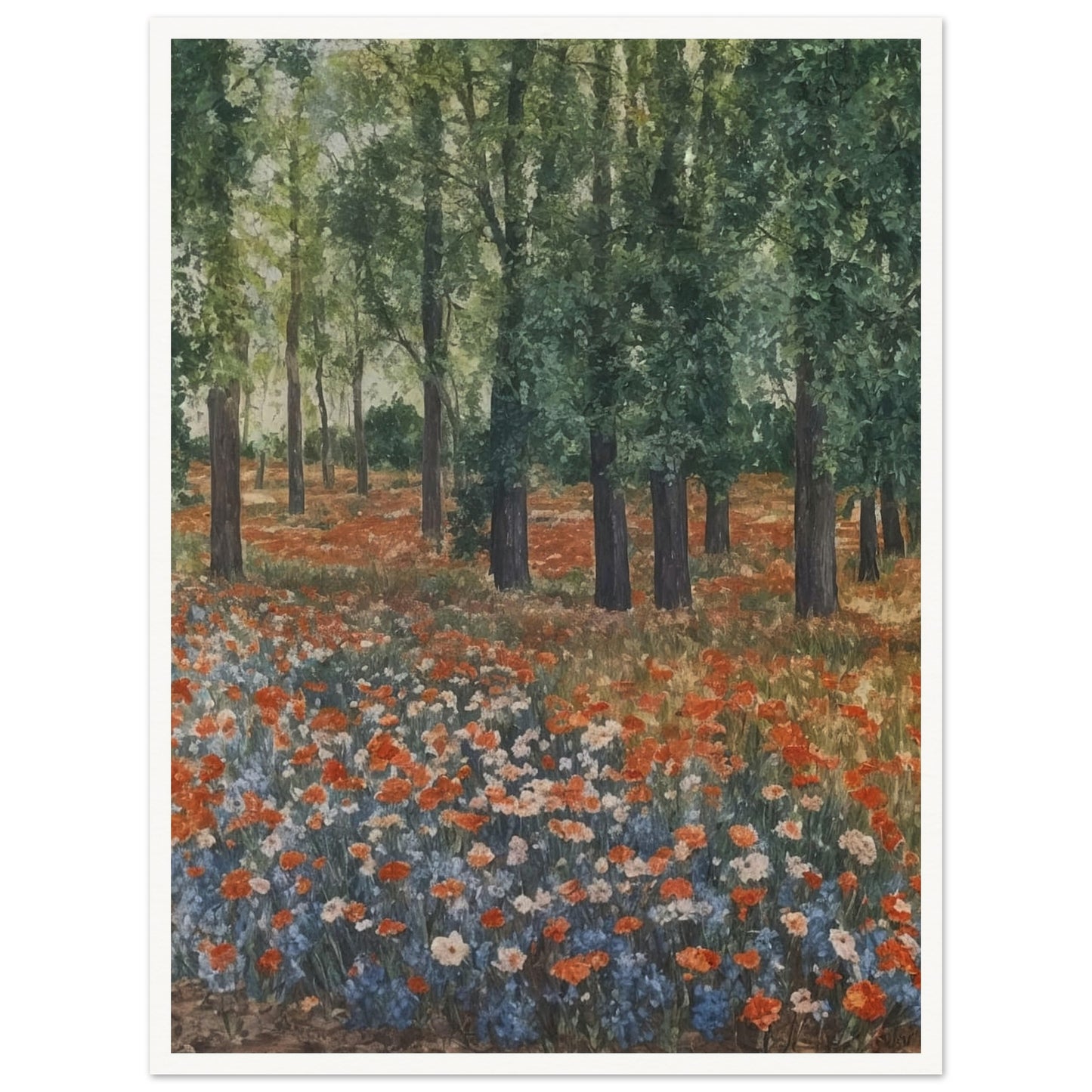 "A tranquil landscape with vibrant orange and blue wildflowers blooming under tall trees, evoking the peacefulness of a forest meadow."