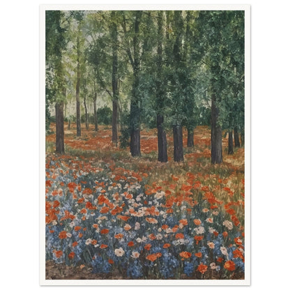 "A tranquil landscape with vibrant orange and blue wildflowers blooming under tall trees, evoking the peacefulness of a forest meadow."