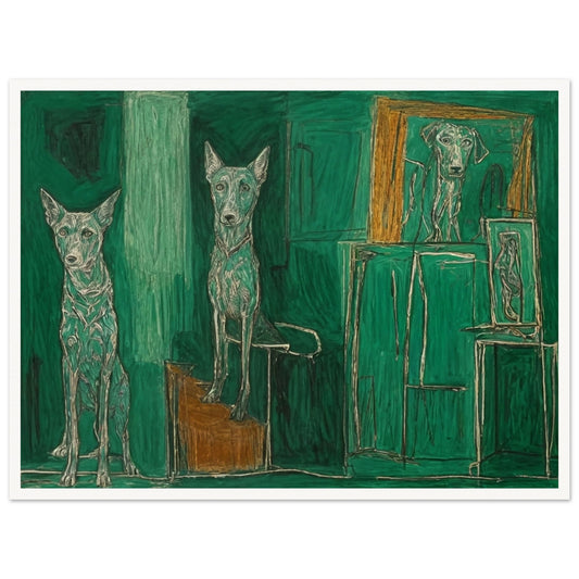 A trio of dogs depicted in an intricate green setting, with one appearing in a frame, creating a surreal composition of pets and space.