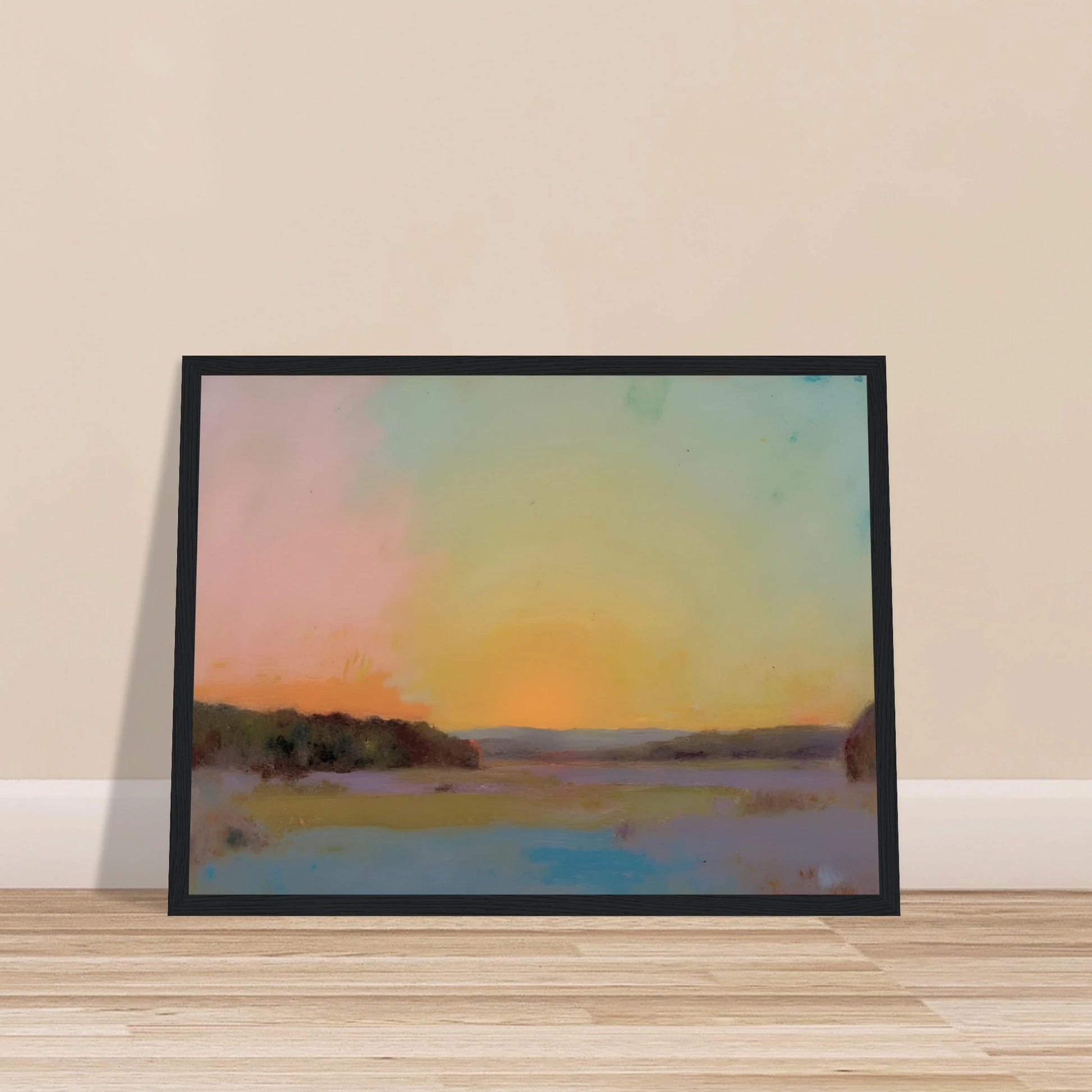 A pastel-toned sunrise casts soft pink, yellow, and blue hues over tranquil open fields bordered by distant trees.