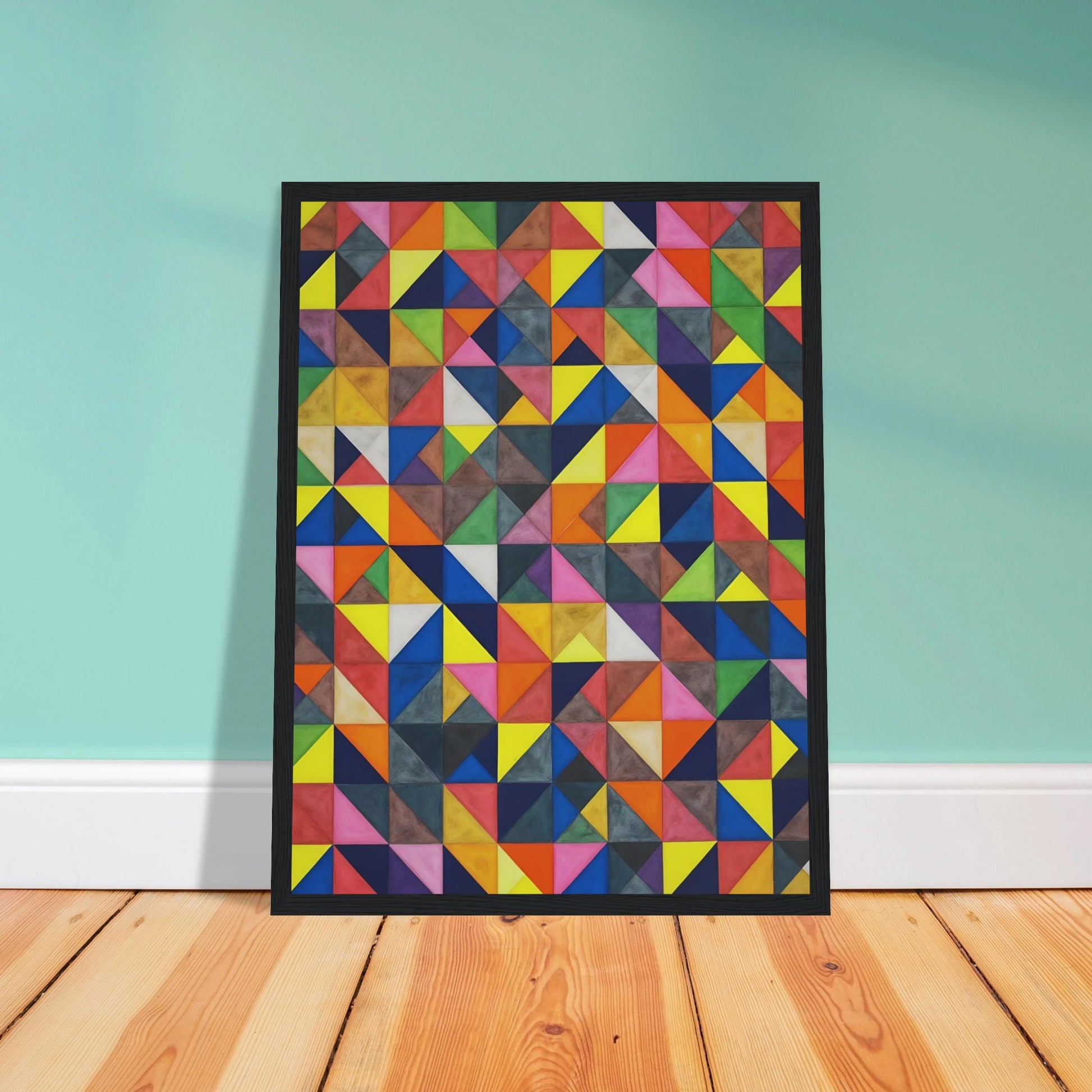 A vibrant grid of multicolored triangles forms an intricate mosaic of shifting patterns, blending symmetry, movement, and playful precision.
