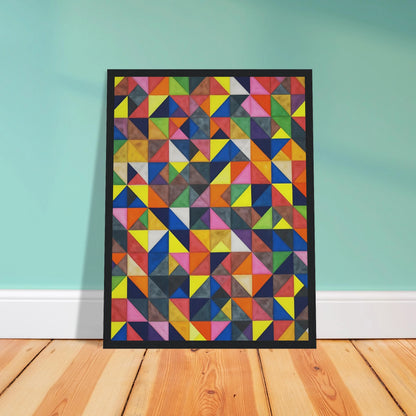 A vibrant grid of multicolored triangles forms an intricate mosaic of shifting patterns, blending symmetry, movement, and playful precision.