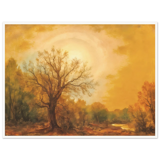 Golden sunset glows over a quiet woodland river with tall trees and warm autumn light.