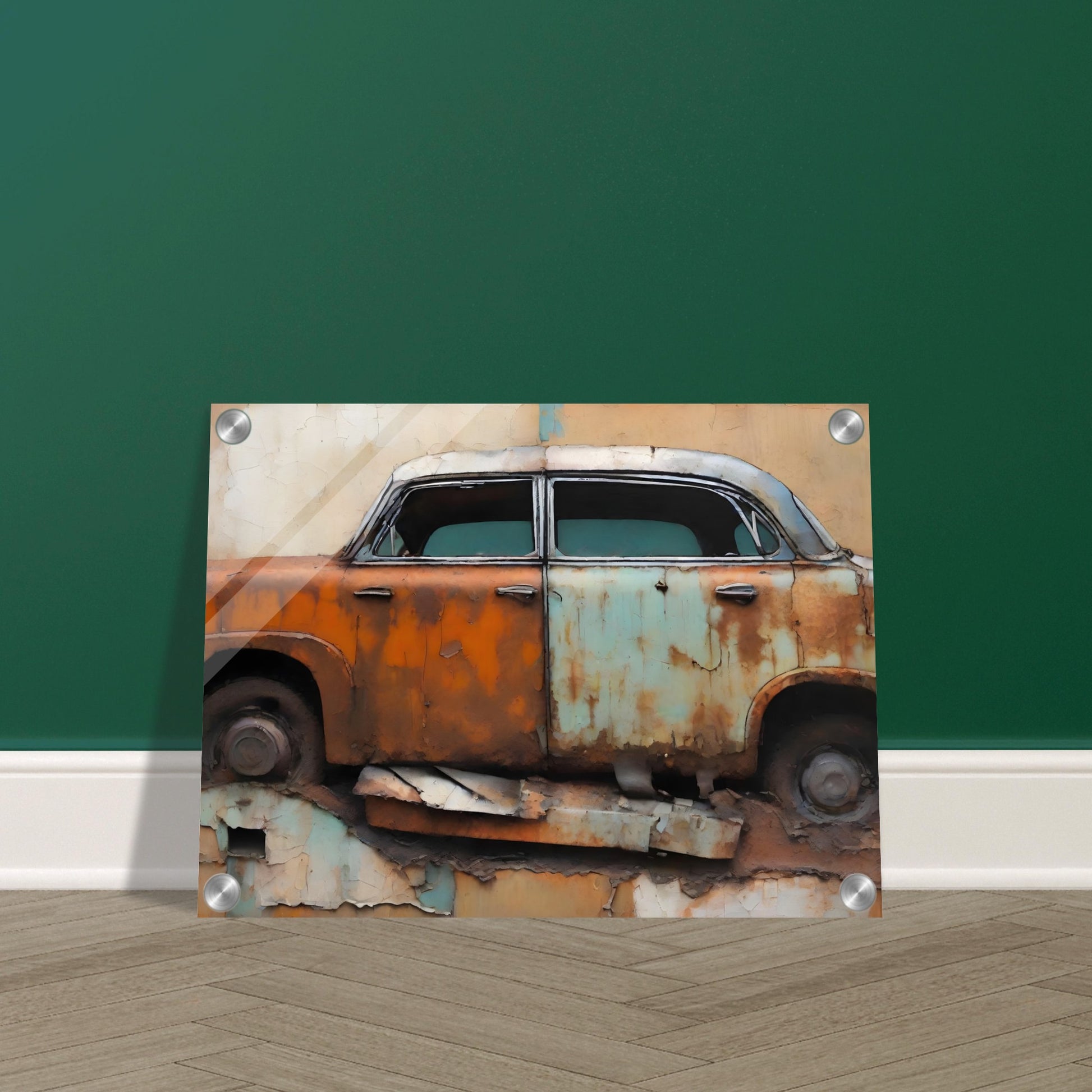 A captivating painting of a rusted vintage car with faded orange and blue paint, set against a textured and peeling wall background.