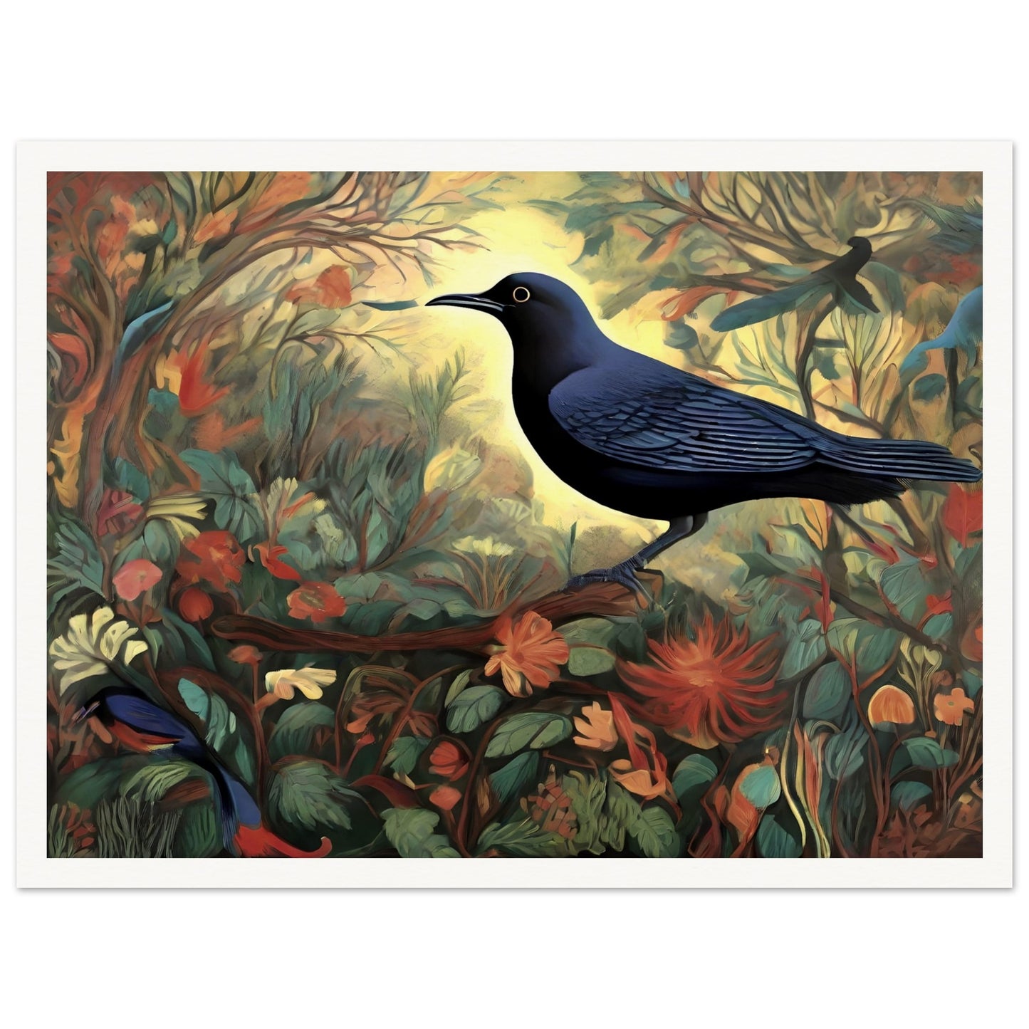 A stunning painting of a black bird with blue undertones perched amidst a vibrant forest of flowers and leaves, illuminated by a glowing golden light in the background.