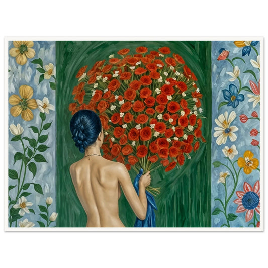 A painting of a woman with her back turned, holding a large bouquet of red roses against a vibrant backdrop of floral patterns, symbolizing a deep connection with nature.