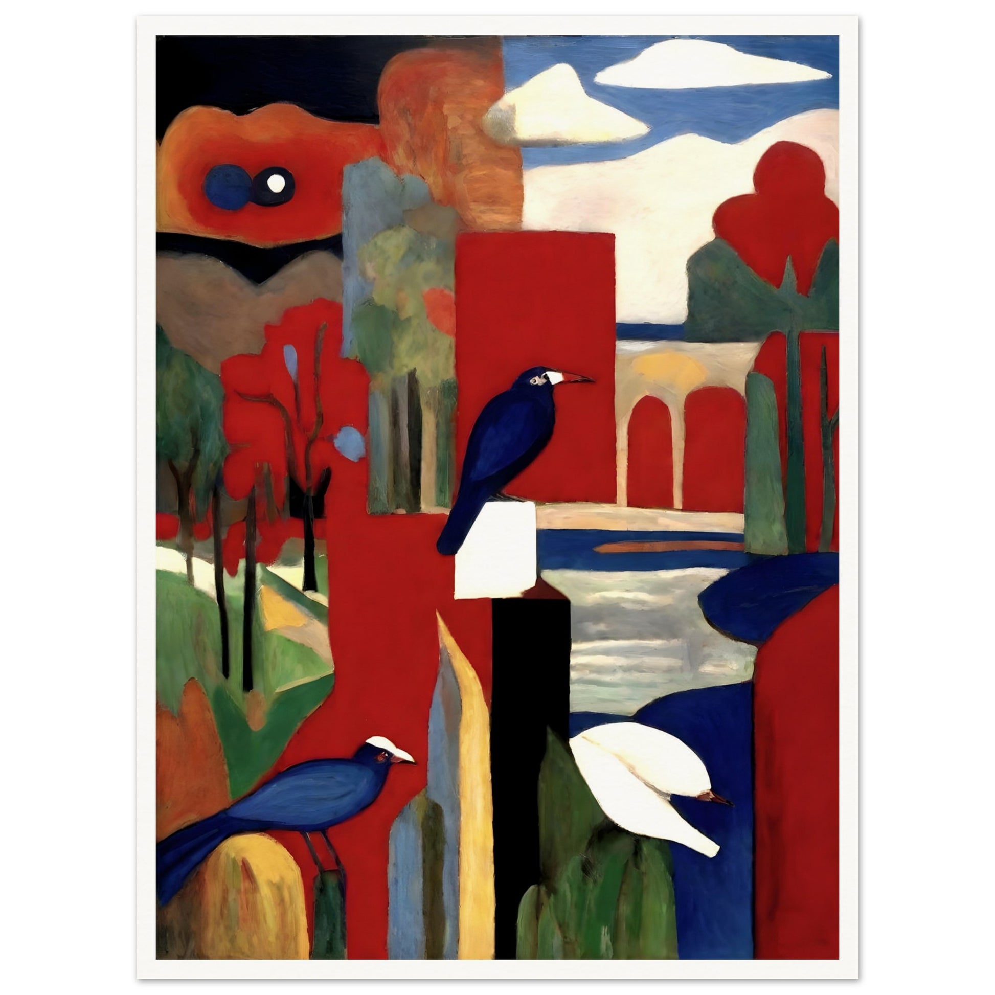 A modern abstract painting featuring blue and white birds perched in a vivid landscape with bold red, blue, and green geometric shapes and arches.