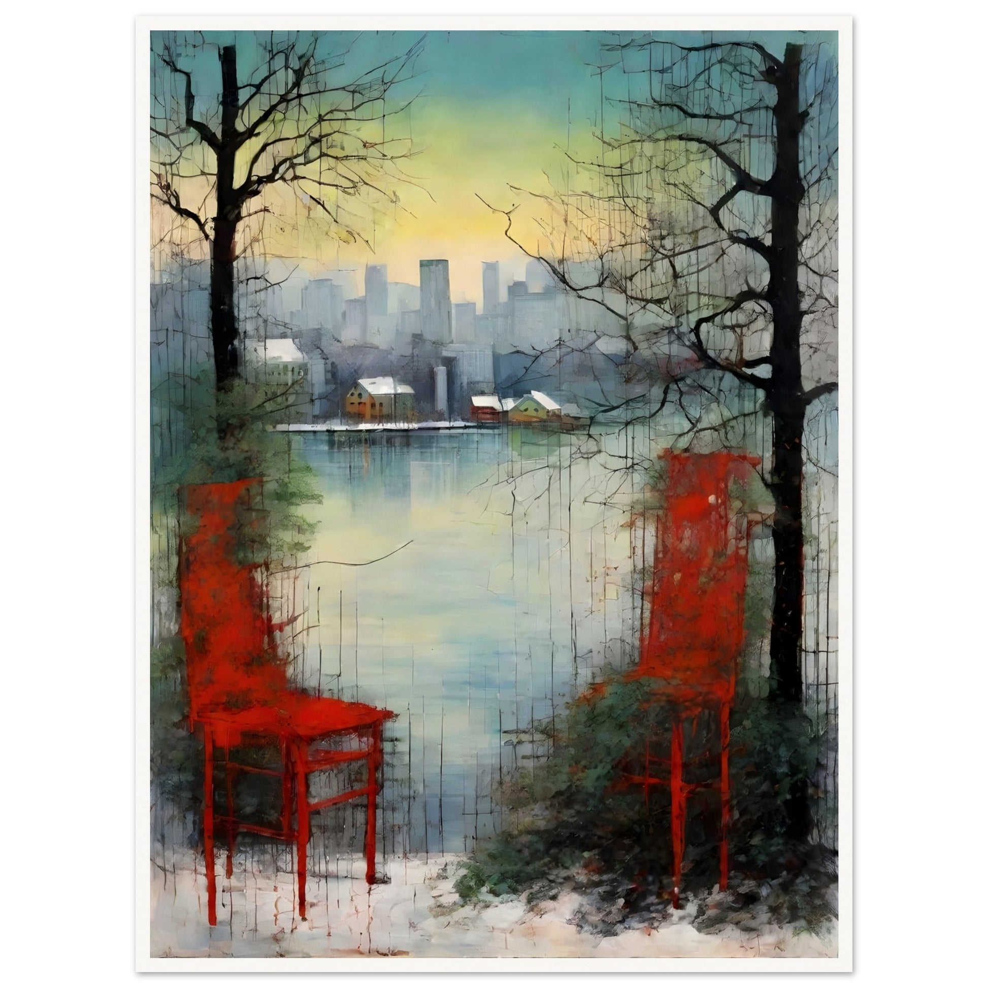 An atmospheric painting featuring two red chairs near a serene lake, framed by bare trees, with a distant city skyline at dusk